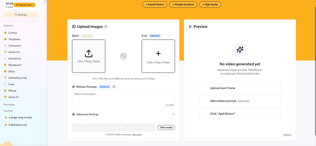 Media Type Selection interface showing options for animation, images, and video