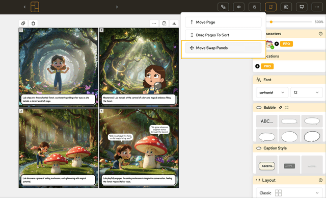 Interface showing panel swapping between comic pages