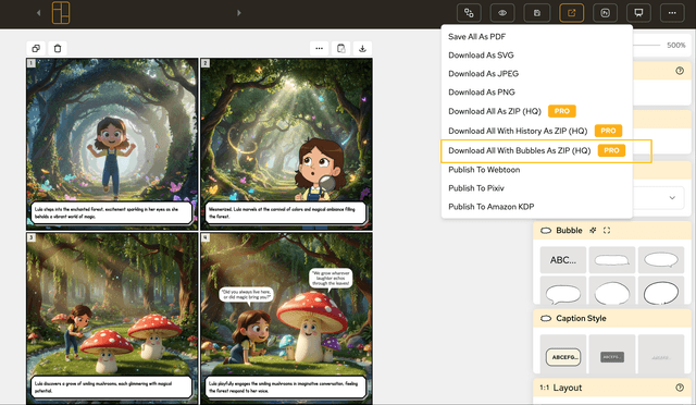 ZIP download interface showing pages with speech bubbles