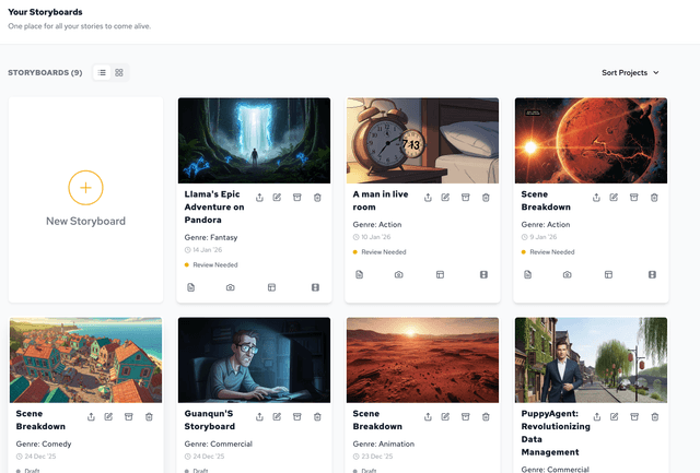 Interface showing project storyboard list management