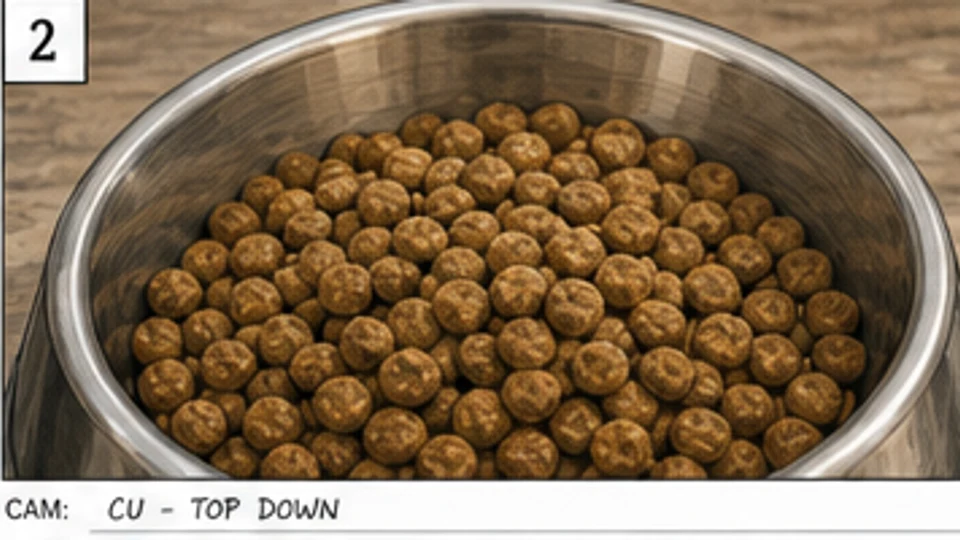 Commercial storyboard close-up of plain kibble in a metal bowl