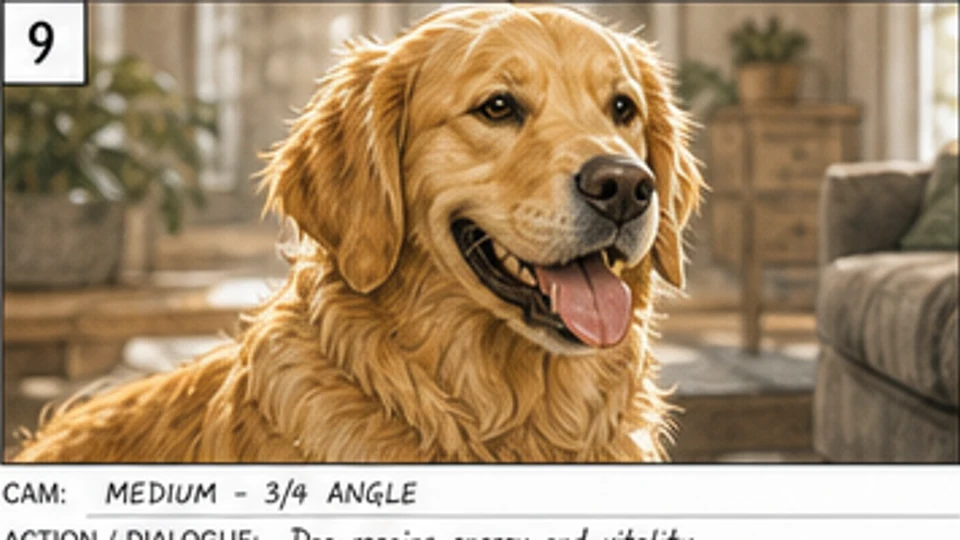 Commercial storyboard close-up of a golden retriever looking healthy and energized