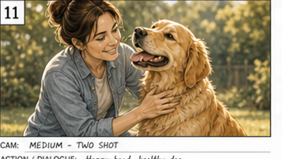Commercial storyboard two-shot of a happy owner with a healthy golden retriever and product bag