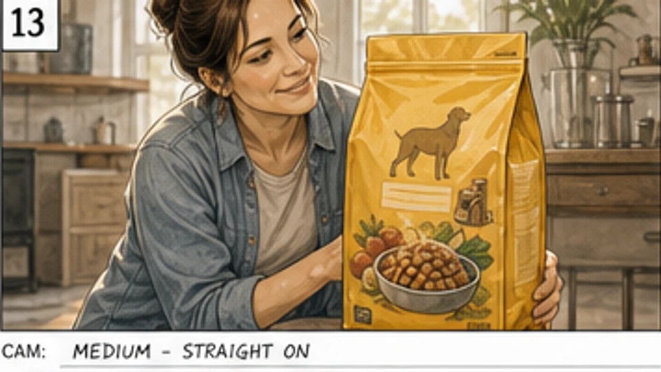 Commercial storyboard shot of an owner presenting the dog food package